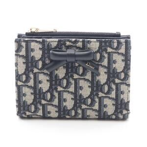 Christian Dior Oblique Bow Dahlia Bi fold Wallet Canvas Leather Beige Navy Blue